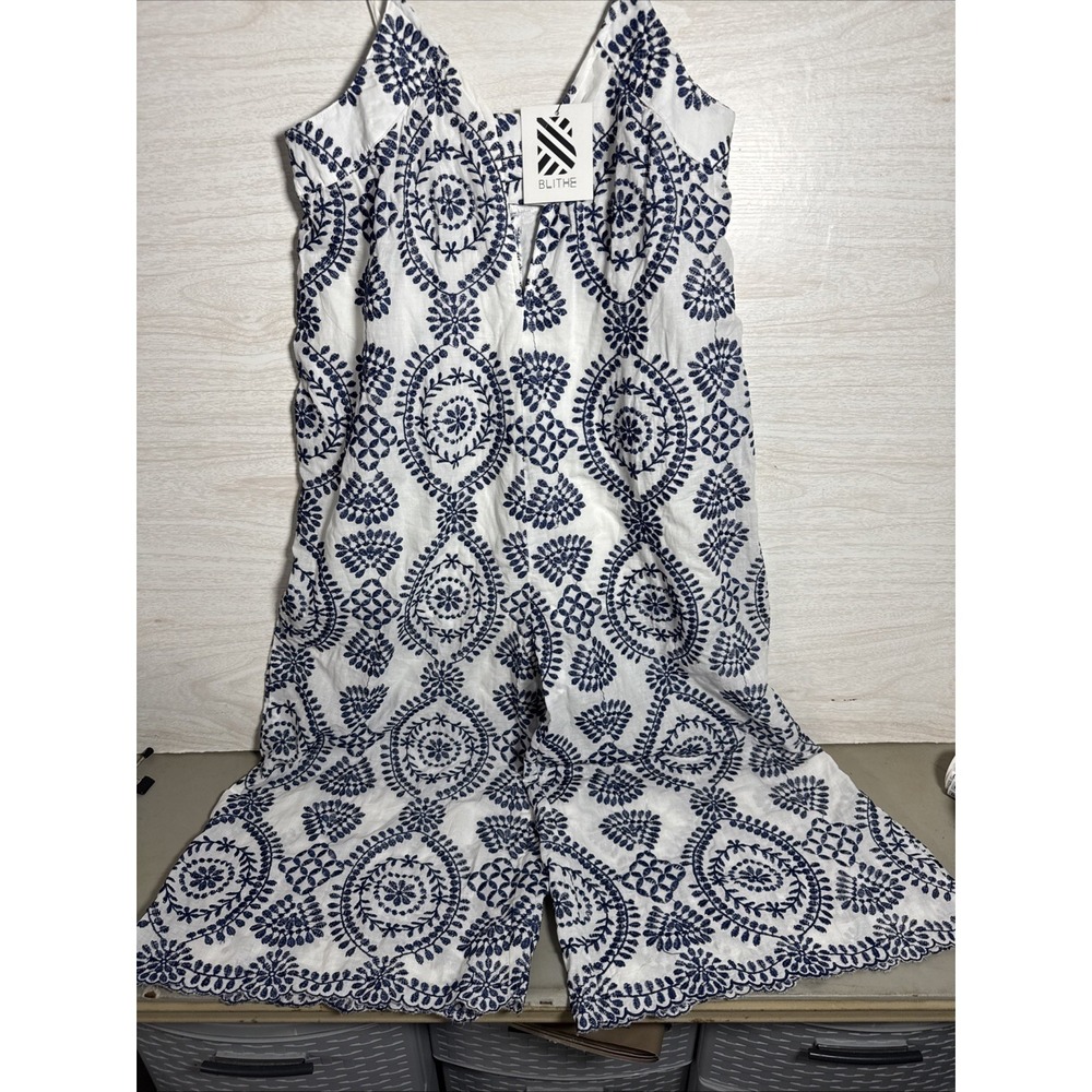 NWT Blithe jumpsuit Navy Blue Medallion Pattern, Curved Wide Leg Jumpsuit Sz Med